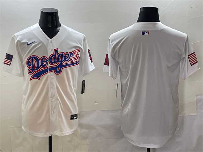 Men%27s Los Angeles Dodgers Blank White With American Flag Patch Limited Stitched Jersey